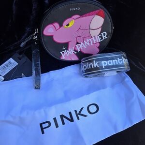 Pinko Pink Panther Round Crossbody Bag Black Saffiano Style NWT